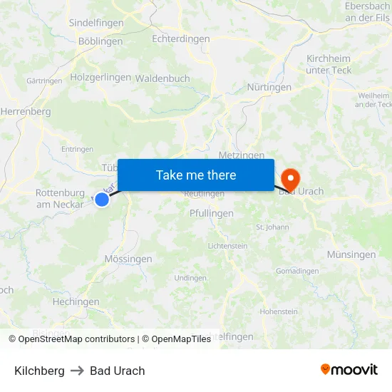 Kilchberg to Bad Urach map
