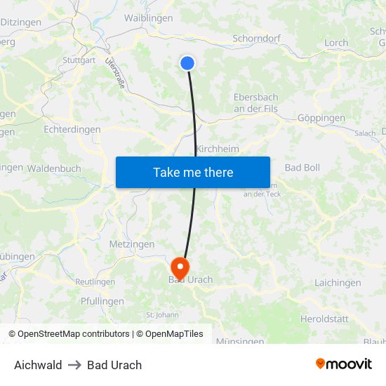 Aichwald to Bad Urach map