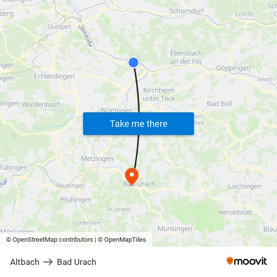 Altbach to Bad Urach map