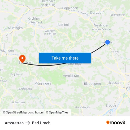Amstetten to Bad Urach map