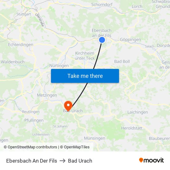 Ebersbach An Der Fils to Bad Urach map