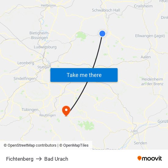 Fichtenberg to Bad Urach map