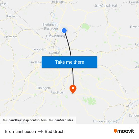 Erdmannhausen to Bad Urach map