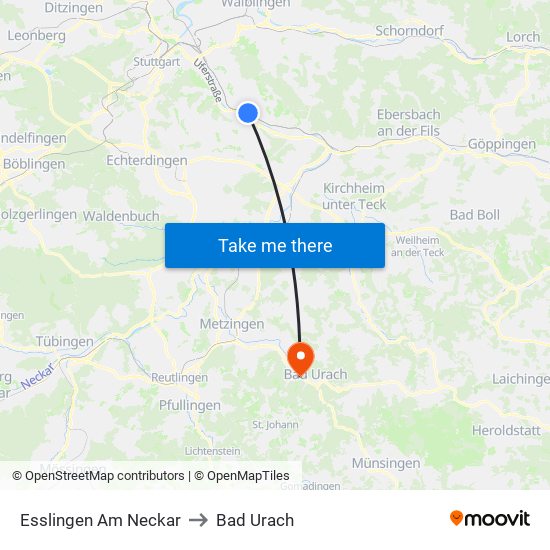 Esslingen Am Neckar to Bad Urach map