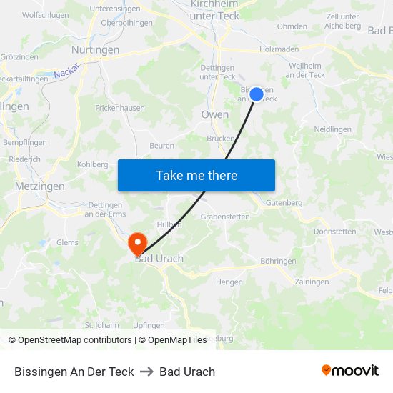 Bissingen An Der Teck to Bad Urach map