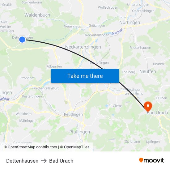 Dettenhausen to Bad Urach map