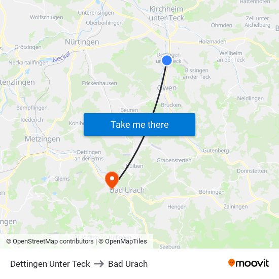 Dettingen Unter Teck to Bad Urach map