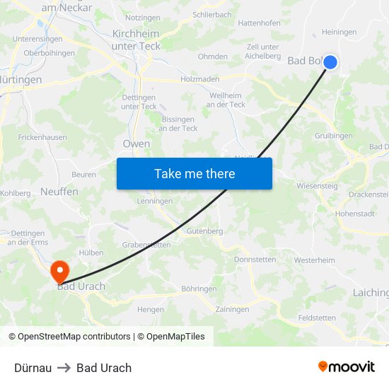 Dürnau to Bad Urach map