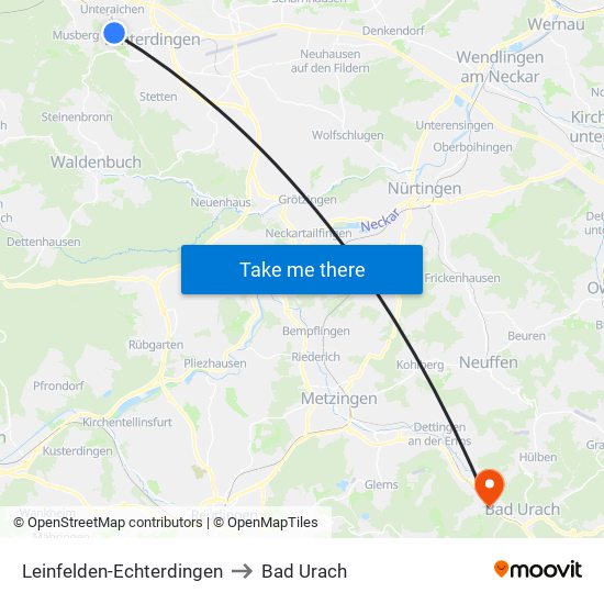 Leinfelden-Echterdingen to Bad Urach map