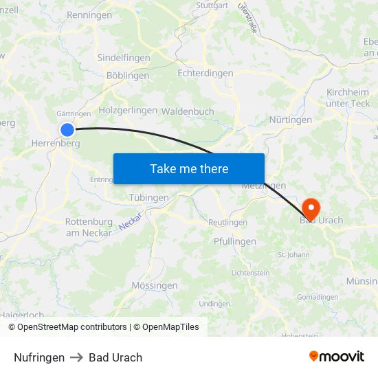 Nufringen to Bad Urach map
