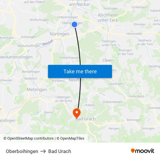 Oberboihingen to Bad Urach map