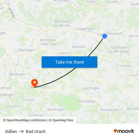 Süßen to Bad Urach map
