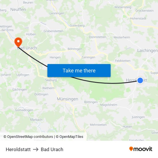 Heroldstatt to Bad Urach map