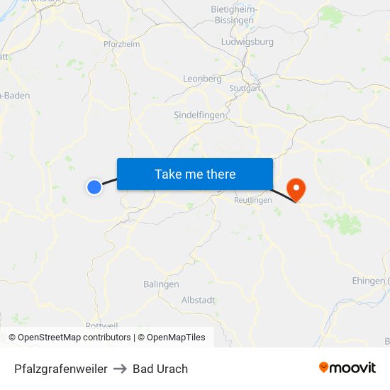 Pfalzgrafenweiler to Bad Urach map