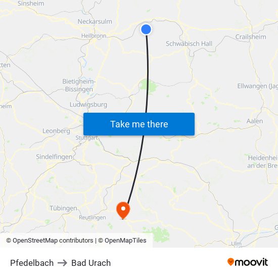 Pfedelbach to Bad Urach map