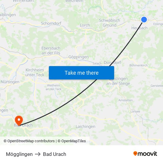 Mögglingen to Bad Urach map