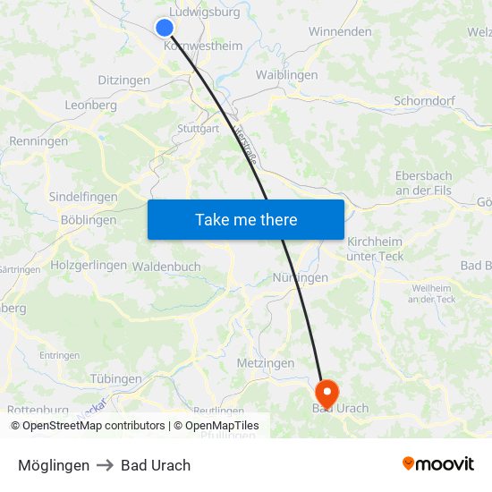 Möglingen to Bad Urach map