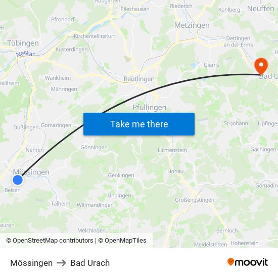 Mössingen to Bad Urach map