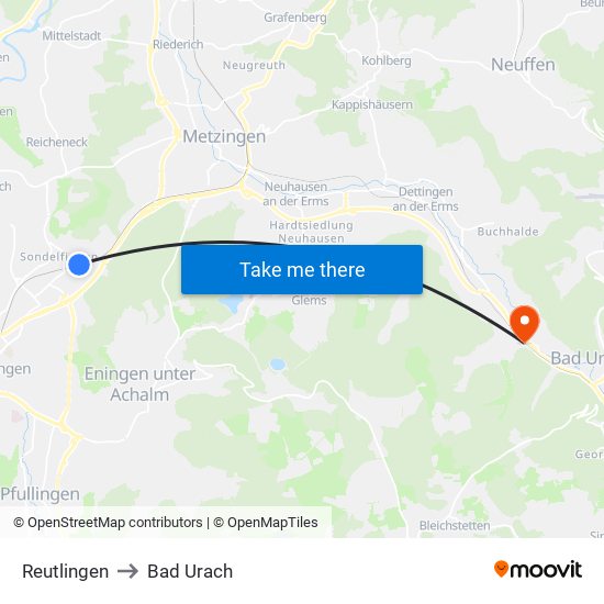 Reutlingen to Bad Urach map