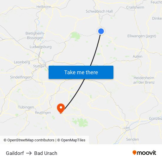 Gaildorf to Bad Urach map