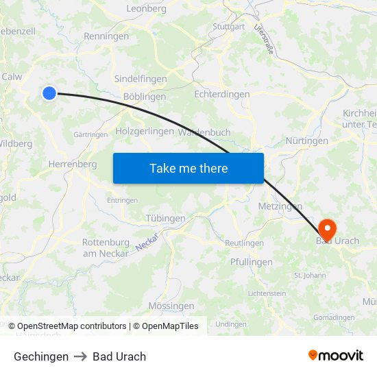 Gechingen to Bad Urach map