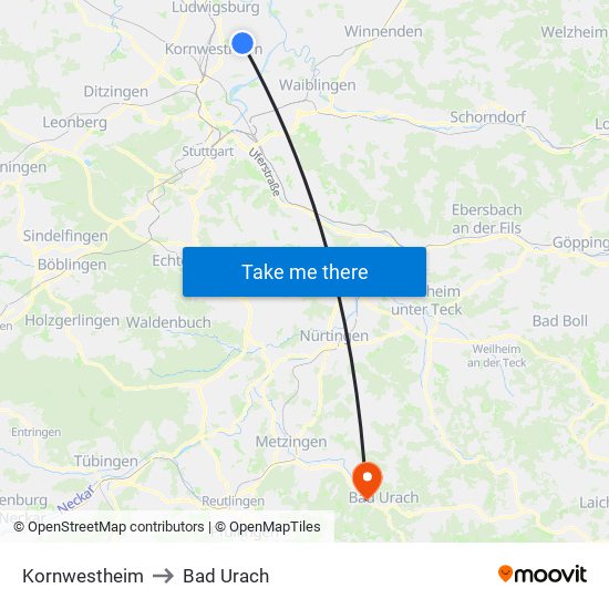 Kornwestheim to Bad Urach map