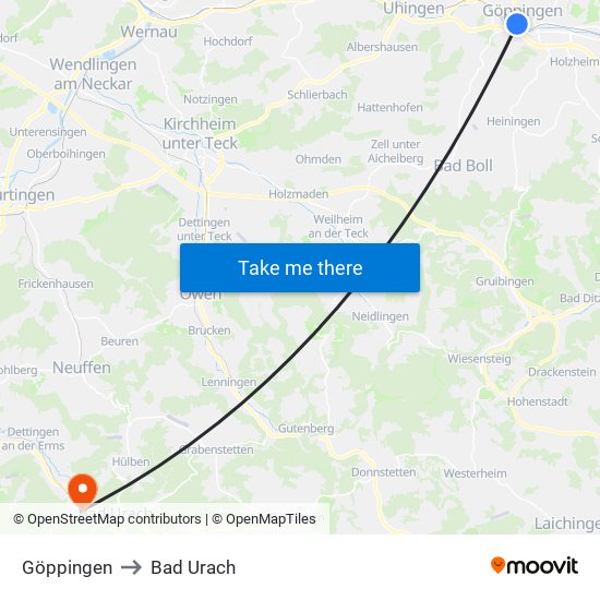 Göppingen to Bad Urach map