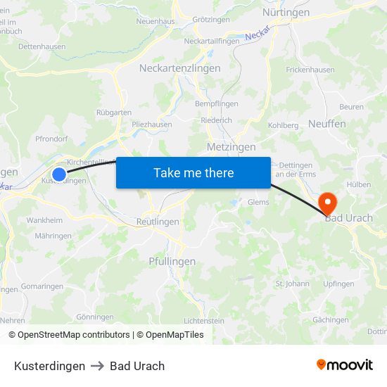 Kusterdingen to Bad Urach map