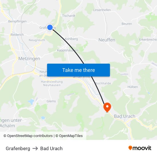 Grafenberg to Bad Urach map