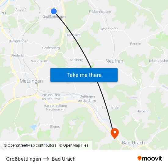 Großbettlingen to Bad Urach map