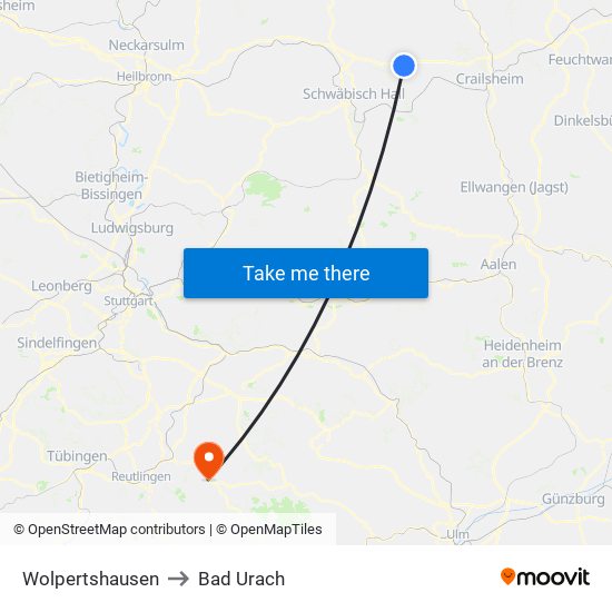 Wolpertshausen to Bad Urach map