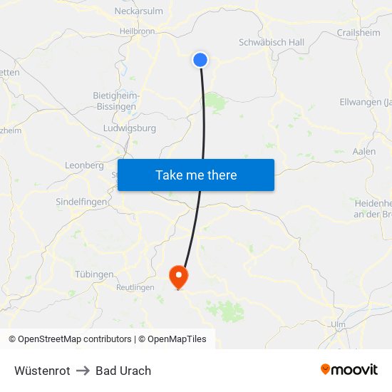 Wüstenrot to Bad Urach map