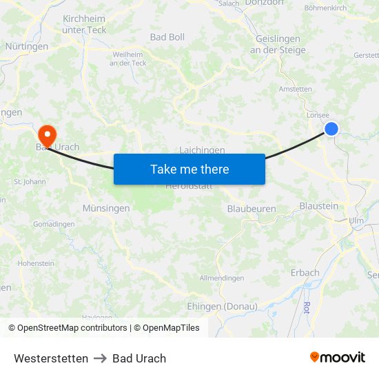 Westerstetten to Bad Urach map