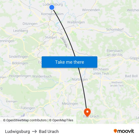 Ludwigsburg to Bad Urach map