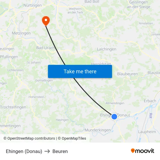Ehingen (Donau) to Beuren map