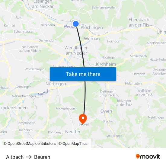Altbach to Beuren map