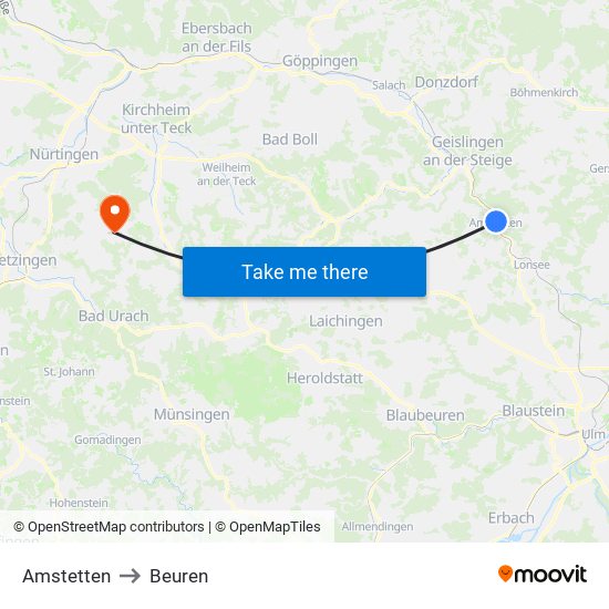 Amstetten to Beuren map