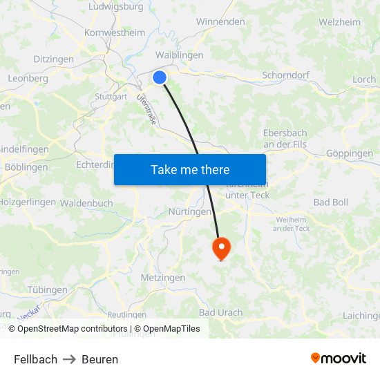 Fellbach to Beuren map