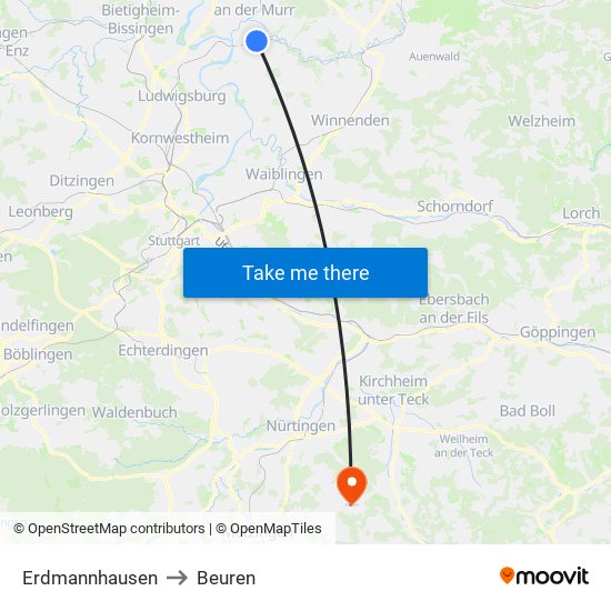 Erdmannhausen to Beuren map