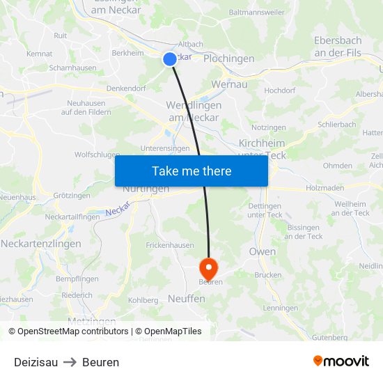 Deizisau to Beuren map