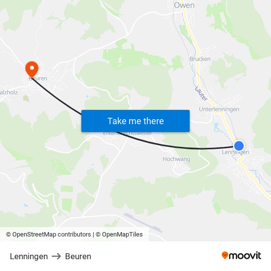 Lenningen to Beuren map