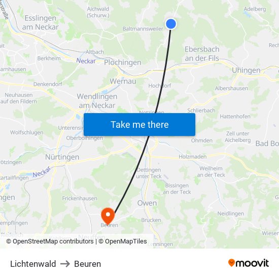 Lichtenwald to Beuren map