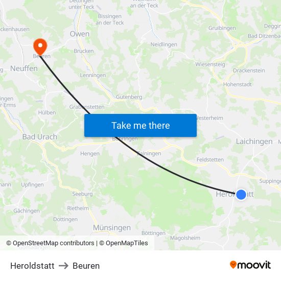 Heroldstatt to Beuren map