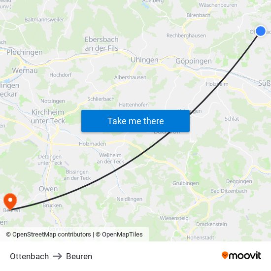 Ottenbach to Beuren map