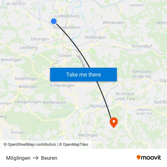 Möglingen to Beuren map