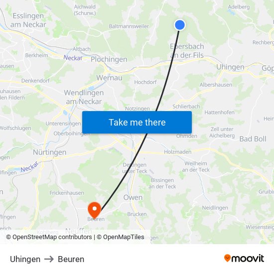 Uhingen to Beuren map
