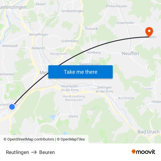 Reutlingen to Beuren map
