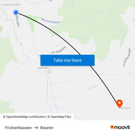 Frickenhausen to Beuren map