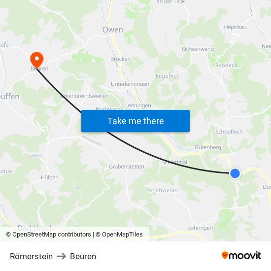 Römerstein to Beuren map