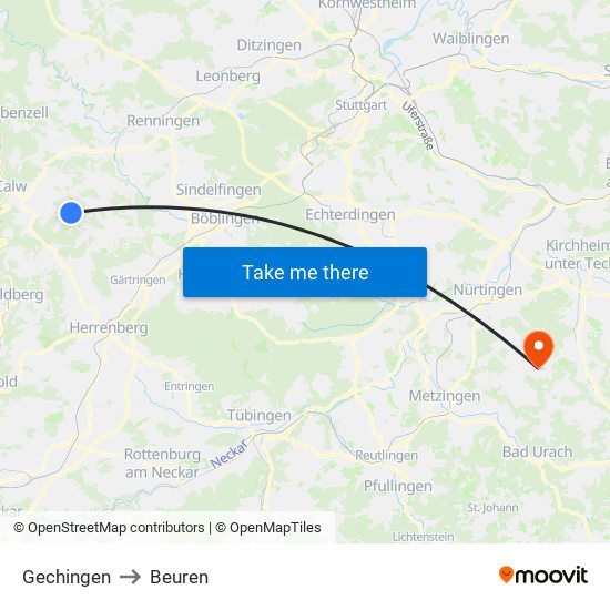 Gechingen to Beuren map